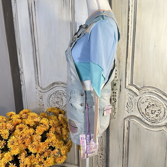 Curated Two Piece Y2K Bundle Striped Denim Overalls with Colorblock Top - Picture 2 of 9